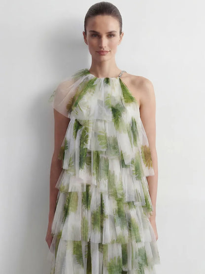 Emilia Green Leaf Print Tiered Tulle Maxi Dress