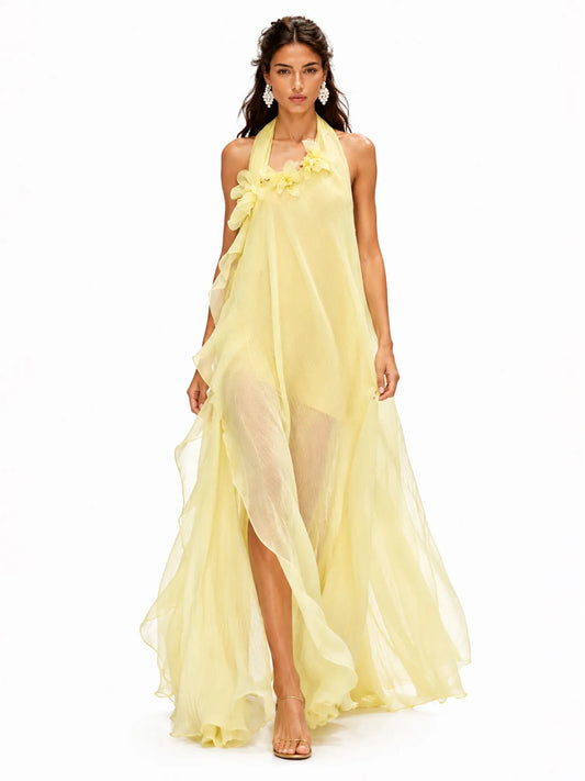 Esmeralda 3D Floral Halter-Neck Maxi Dress