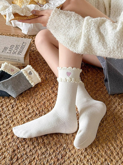 Rufia - Sweet Heart Embroidered Mid-Calf Winter Socks
