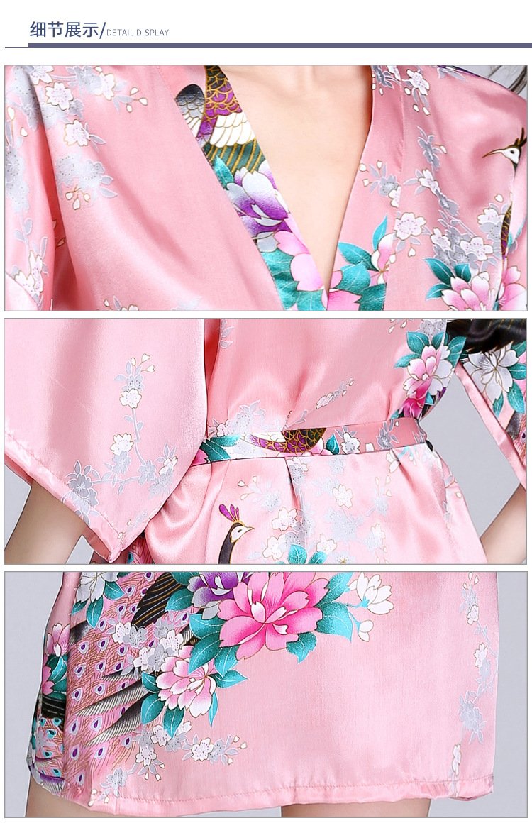 Silk Nightgown Women'S Summer Mid Sleeve Peacock Pajamas Bathrobe Large Size Home Clothes 1