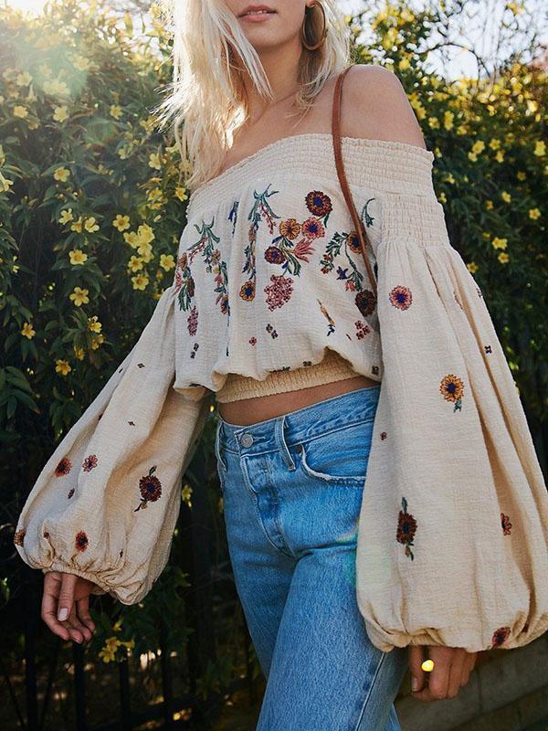 Embroidered Puff-Sleeves Blouses&Shirts Top