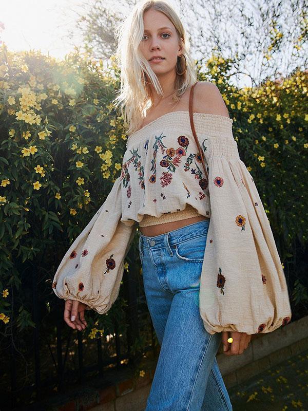 Embroidered Puff-Sleeves Blouses&Shirts Top