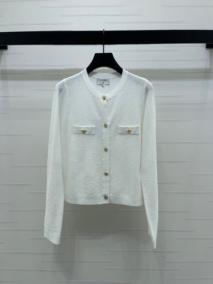Chanel 2026 Sequined Crew Neck Knit Cardigan Silk Wool