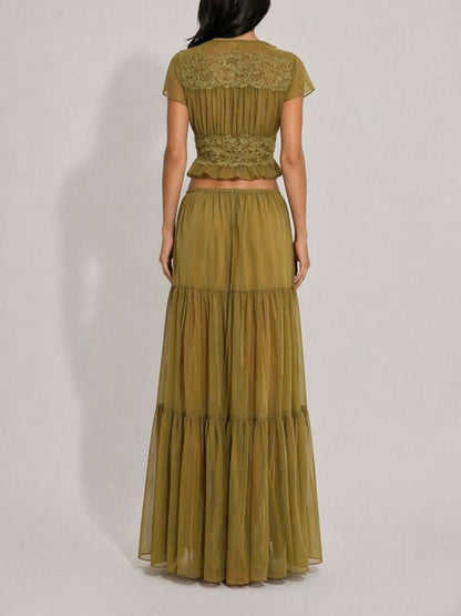 Mariana Mesh & Lace Deep V-Neck Maxi Skirt Set with Ruffles