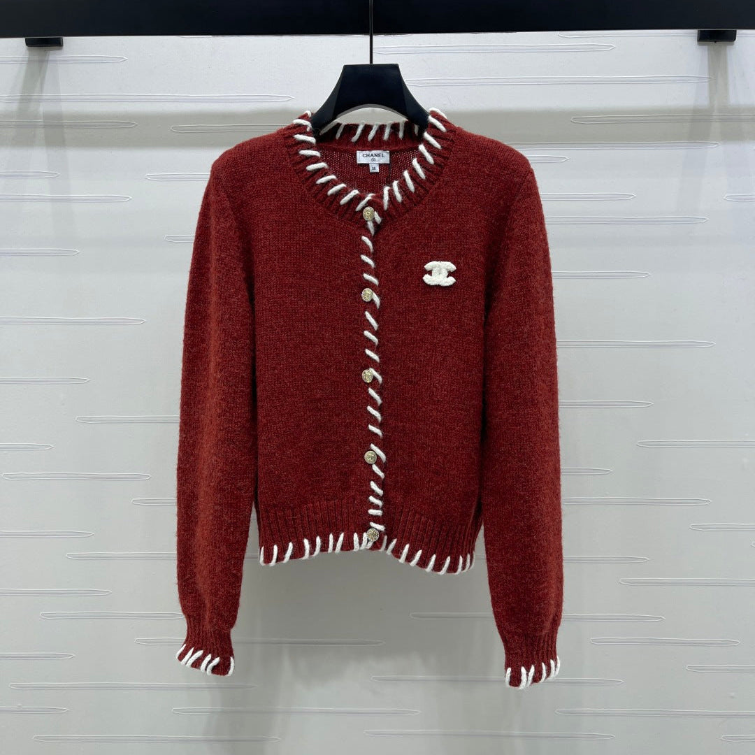 CC 26s Crochet-Trimmed Crew Neck Cardigan Red Knit 343631