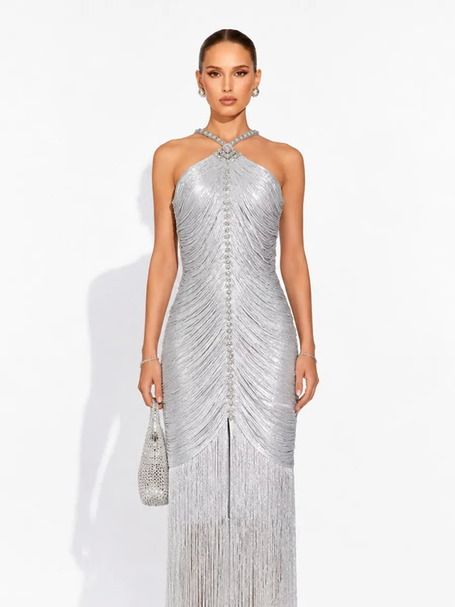 Beatrice Sleeveless Rhinestone Maxi Dress with Silver Tassels