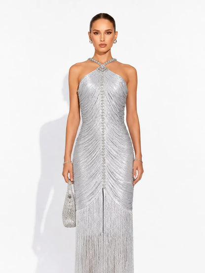 Beatrice Sleeveless Rhinestone Maxi Dress with Silver Tassels