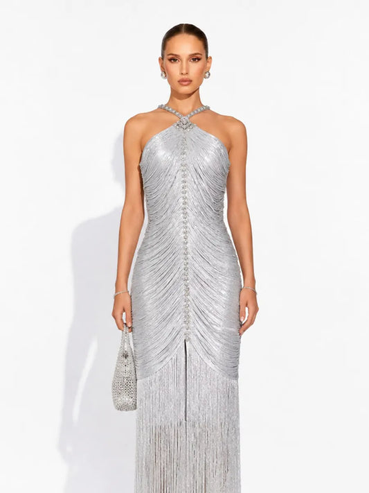 Beatrice Sleeveless Rhinestone Maxi Dress with Silver Tassels
