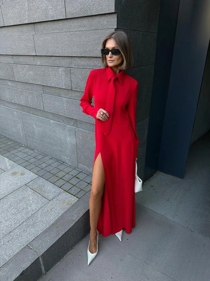 Elowen Tie Neck Slit Maxi Dress In Red