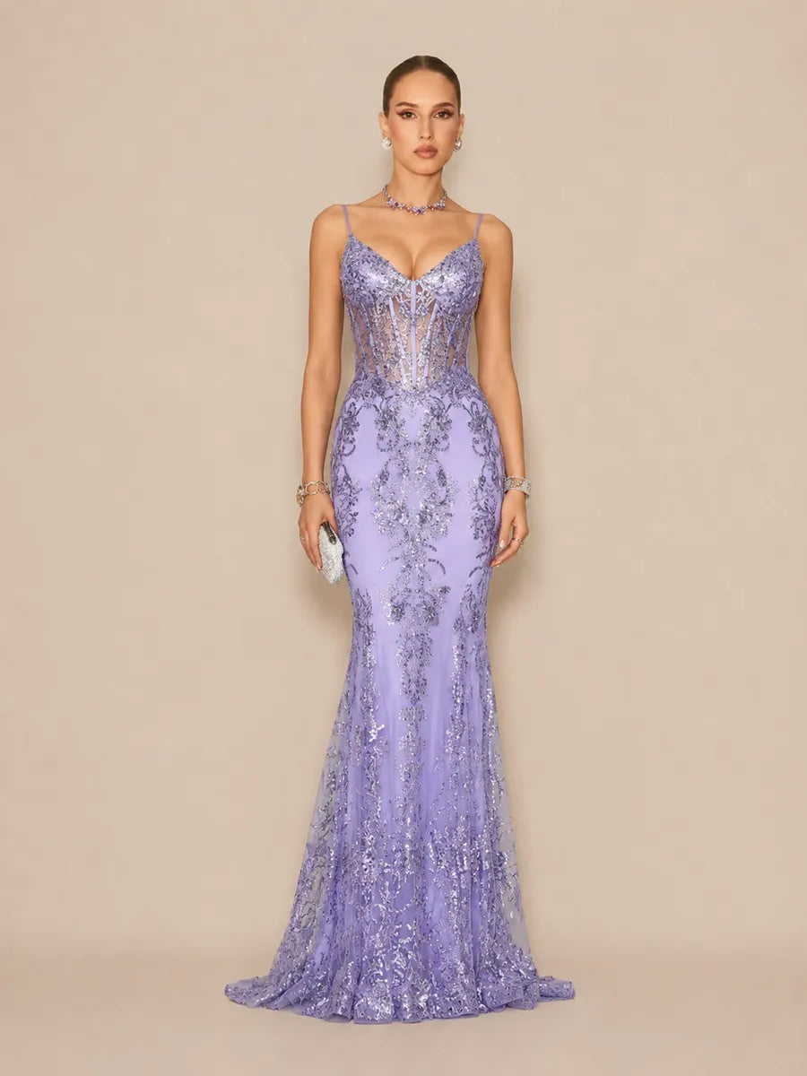 Aida Elegant Contour V Neck Sequin Purple Maxi Dress