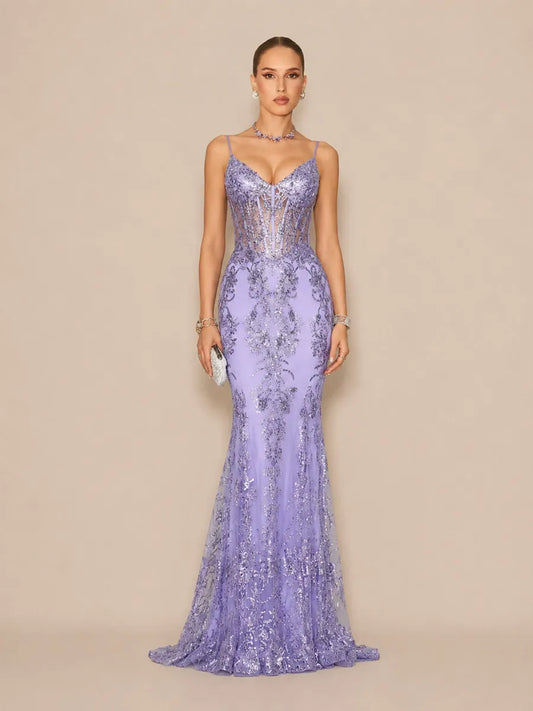 Aida Elegant Contour V Neck Sequin Purple Maxi Dress