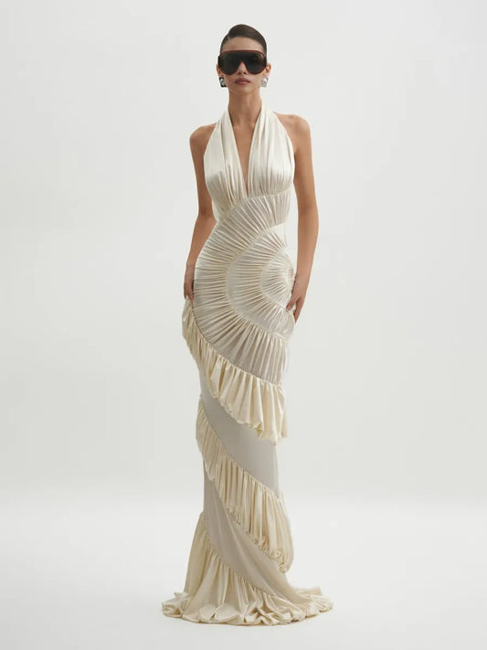 Marina Tiered Pleated Halter Maxi Dress In Ivory