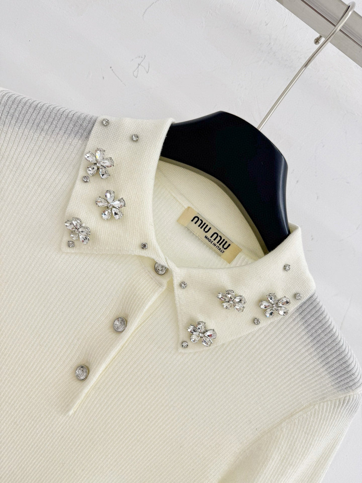 Miumiu 2025 Beaded Collar Long-Sleeve Knit Sweate Wool