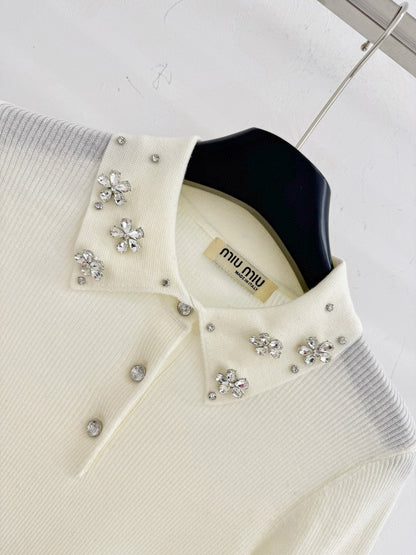 Miumiu 2025 Beaded Collar Long-Sleeve Knit Sweate Wool