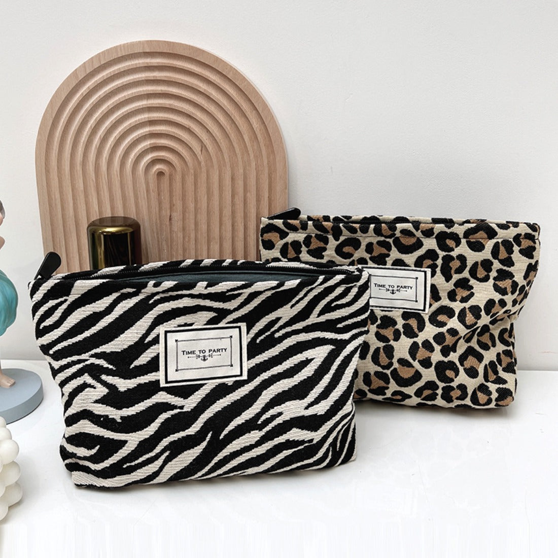 Cosbai - Leopard Print Canvas Lined Makeup Bag