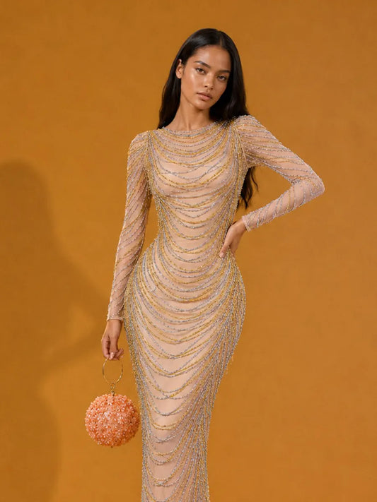 Jessamine Long-Sleeve Maxi Dress with Rhinestone Chain Embellishment