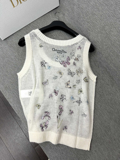 CD Butterfly Embroidered Vest White Alpaca Wool Cashmere 345333