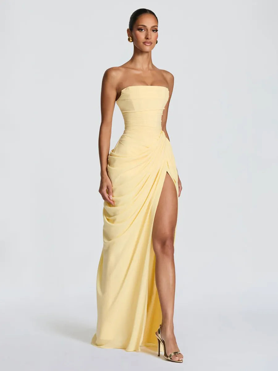 Giselle Ruched Slit Strapless Maxi Dress