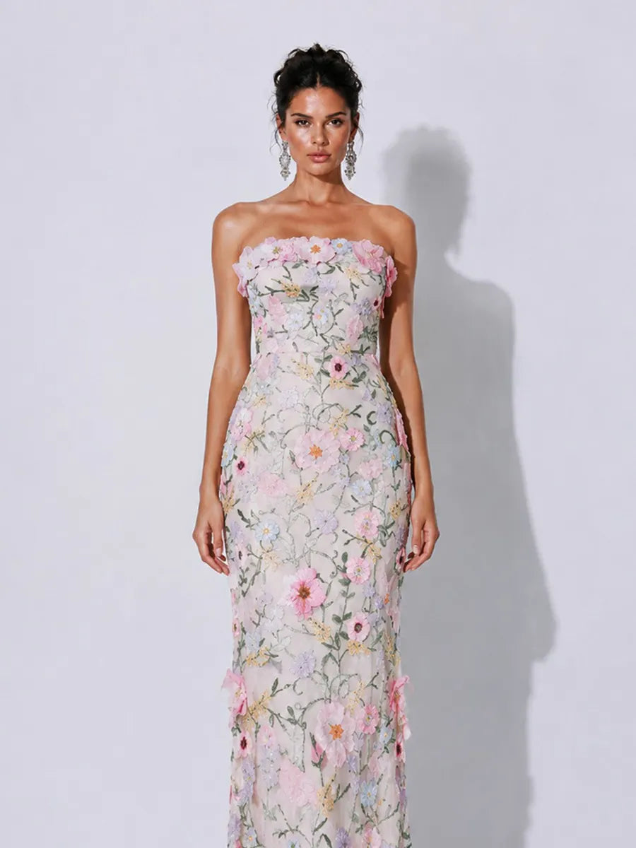 Fiona Embroidered Appliqué Strapless Maxi Dress