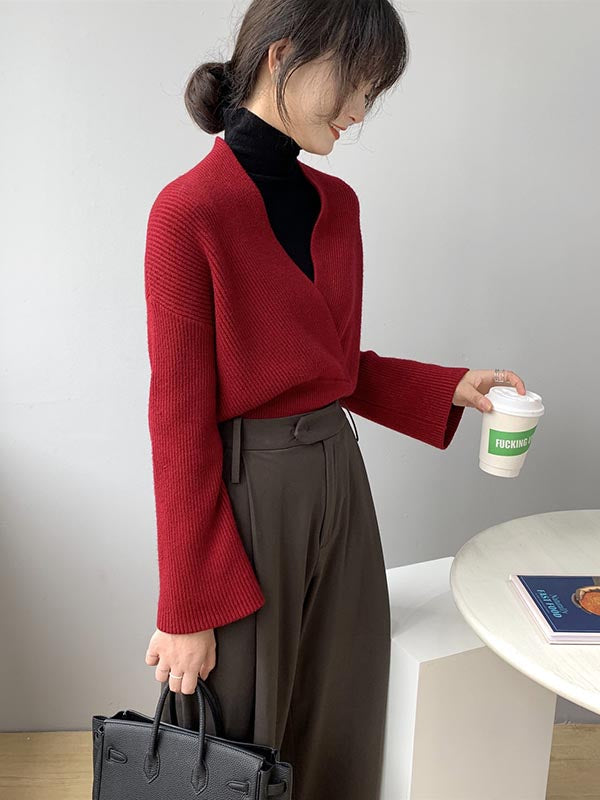 Stylish 6 Colors Knitting V-Neck Asymmetric Sweater