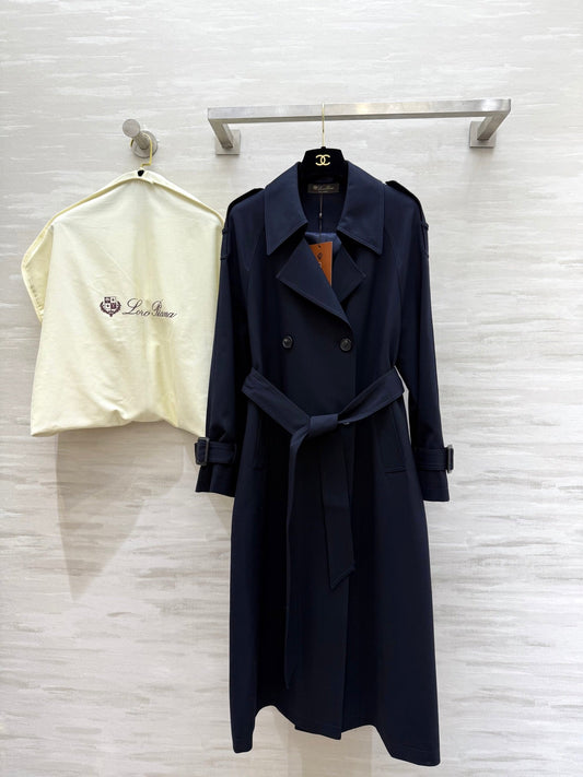 LP 25 Tie-Waist Slim Lapel Long Trench Coat Navy Blue Cotton 305537