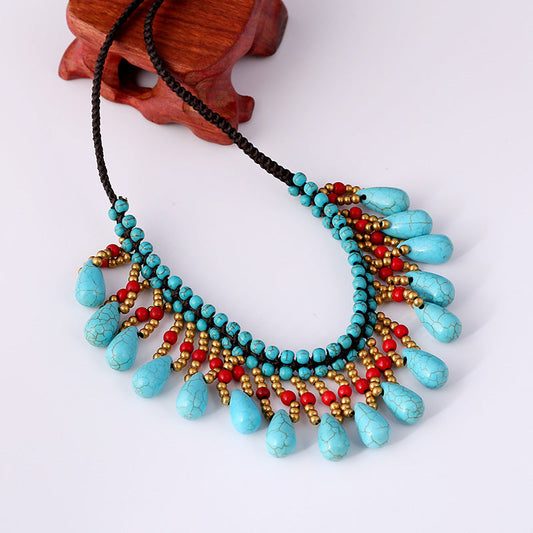 Bohemian Turquoise Hand-Woven Short Money Chain Full Sincere Jewelry Drop Pendant Clavicle Chain Necklace