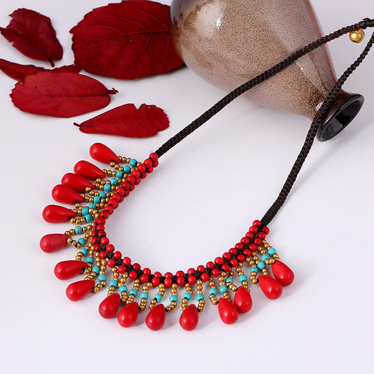 Bohemian Turquoise Hand-Woven Short Money Chain Full Sincere Jewelry Drop Pendant Clavicle Chain Necklace