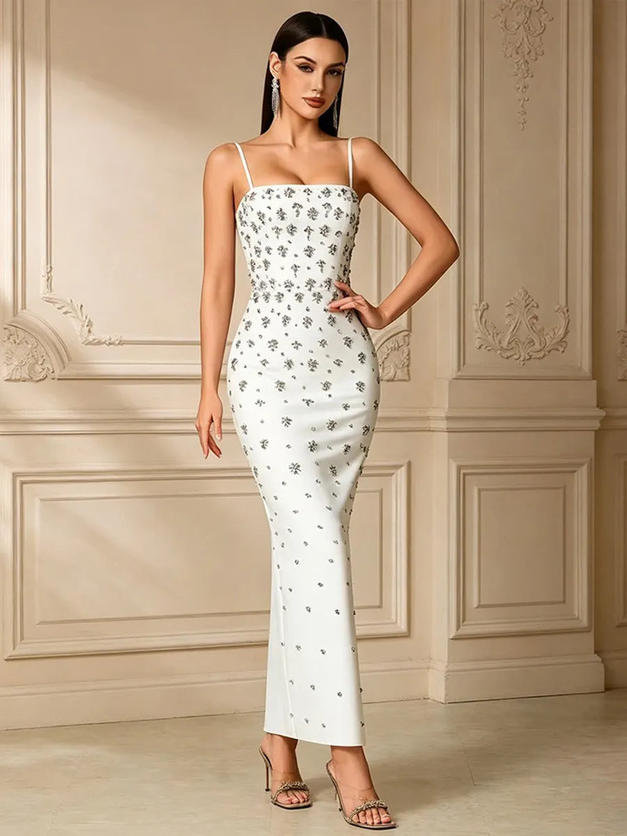 Alaya Rhinestone-Strap Slim-Fit Maxi Dress with Slit