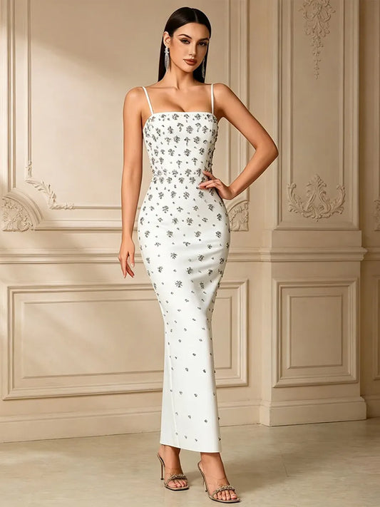 Alaya Rhinestone-Strap Slim-Fit Maxi Dress with Slit