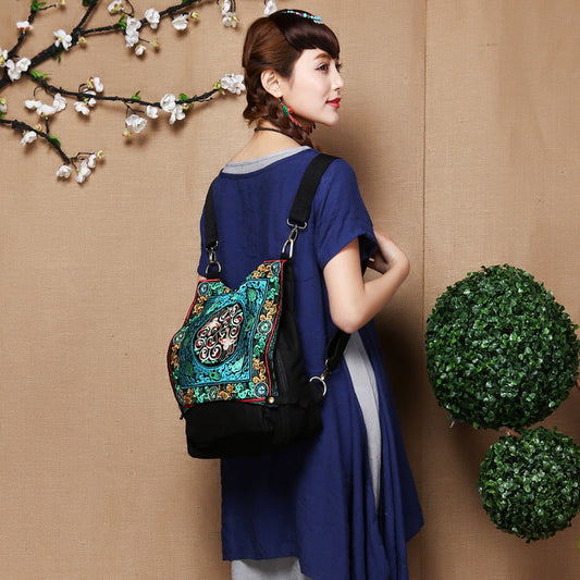 New Embroidery Versatile National Style Canvas Retro Travel Backpack Student Schoolbag Women'S Bag
