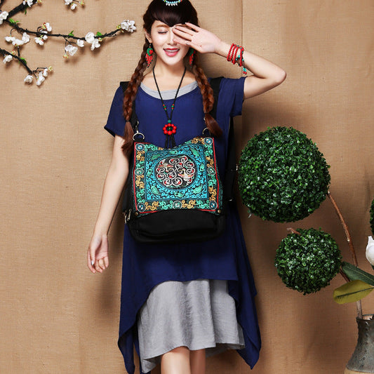 New Embroidery Versatile National Style Canvas Retro Travel Backpack Student Schoolbag Women'S Bag