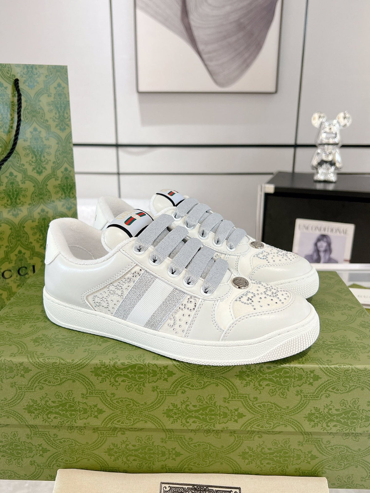 Gucci 2025 Screener Sneaker White Gray Leather Canvas 758539