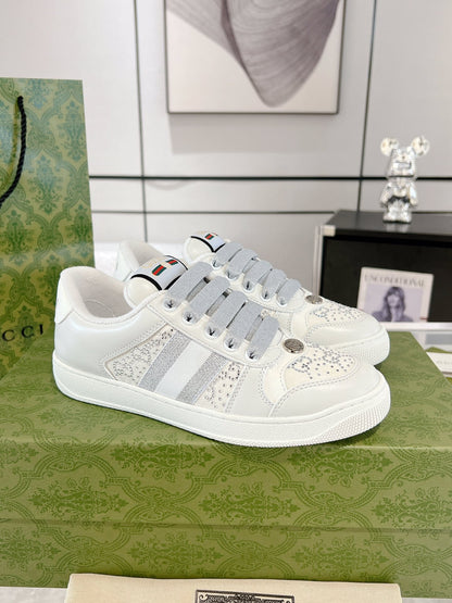 Gucci 2025 Screener Sneaker White Gray Leather Canvas 758539