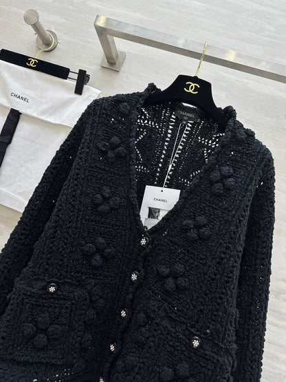 CC Openwork Crochet Knit Cardigan Black Cotton 346493