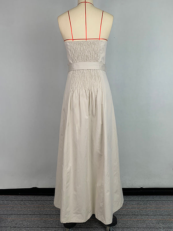 A-Line Loose Belted Buttoned Tube Maxi Dresses