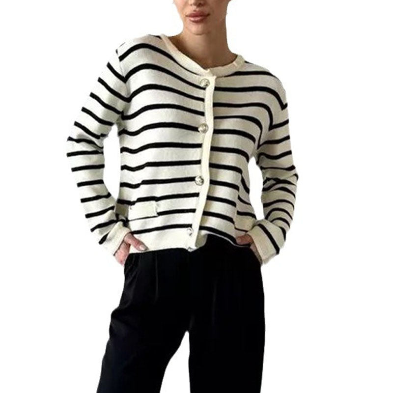 Round Neck Striped Long Sleeve Knit Cardigan