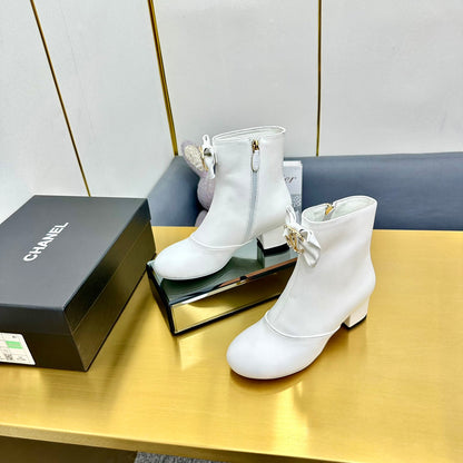 CC Bow-Adorned Rhinestone Boots White Cowhide 564596