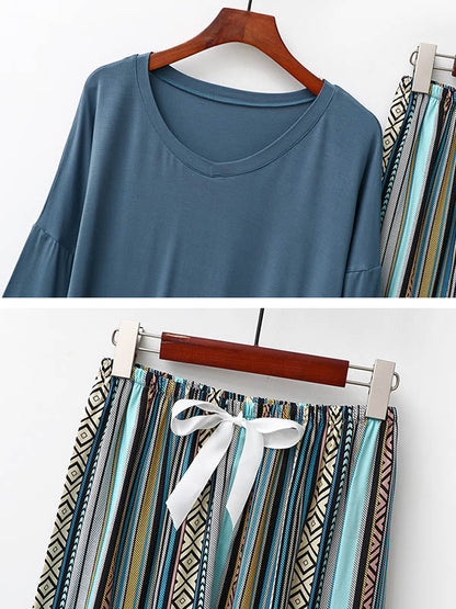 Casual Loose Seven-Quarter Sleeves V-Neck Shirts& Printed Pants Pajama Sets
