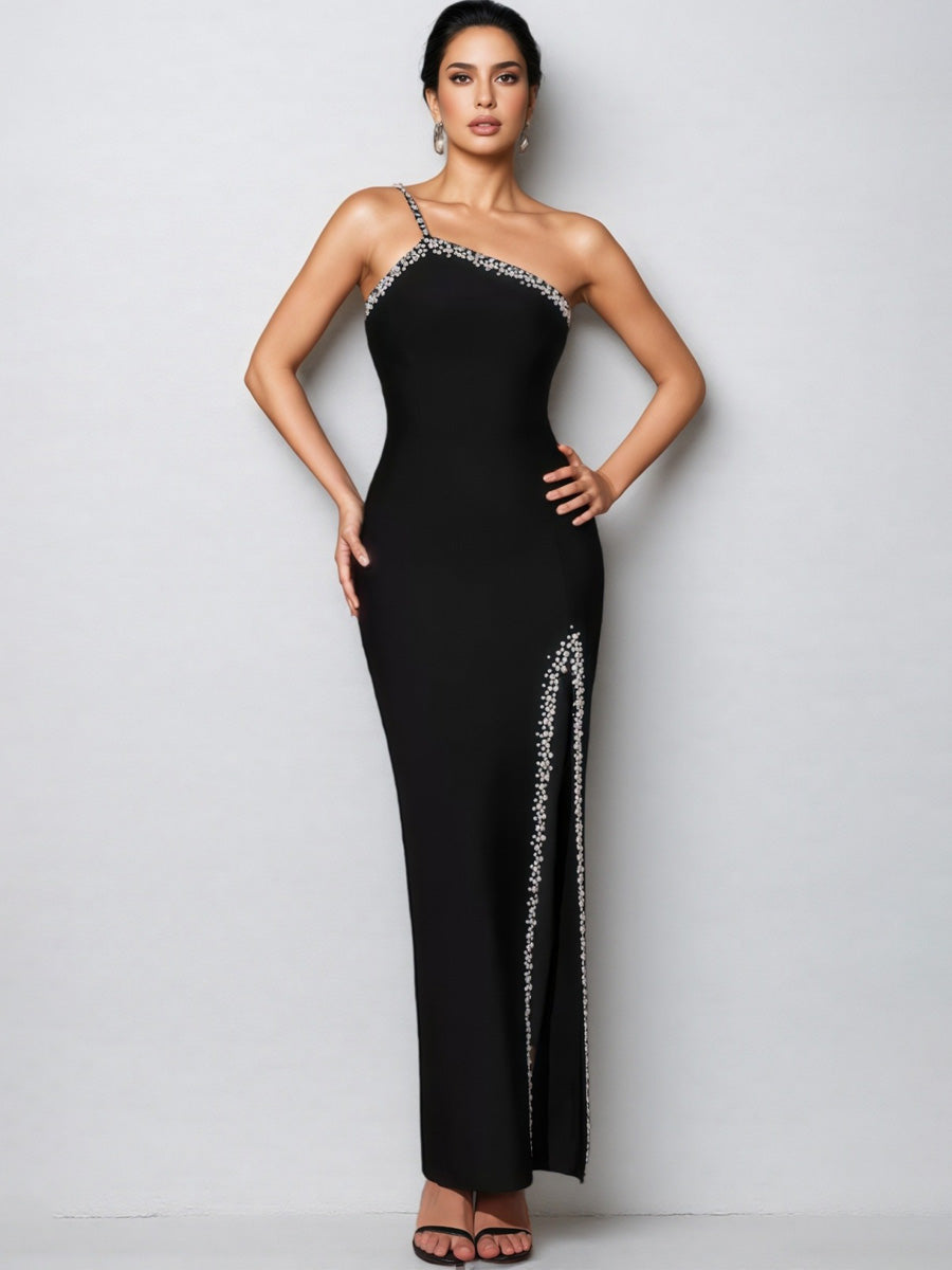 Olive Diamond-Studded High Slit Maxi Dress