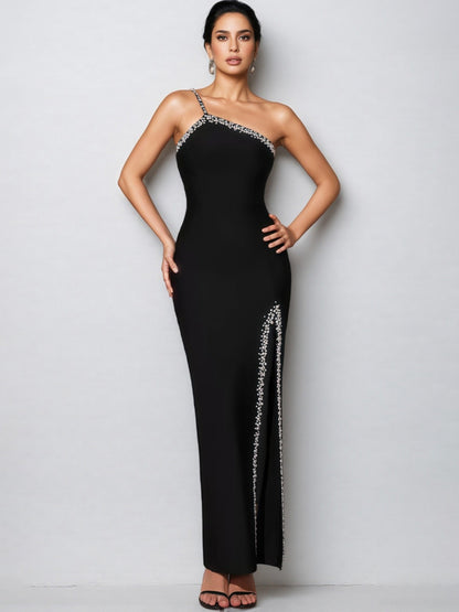 Olive Diamond-Studded High Slit Maxi Dress