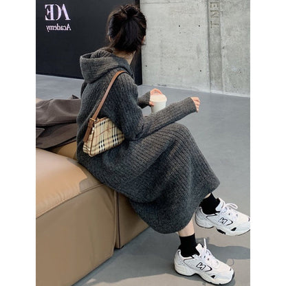 Simple Loose Long Sleeves Drawstring Solid Color Hooded Sweater Dresses