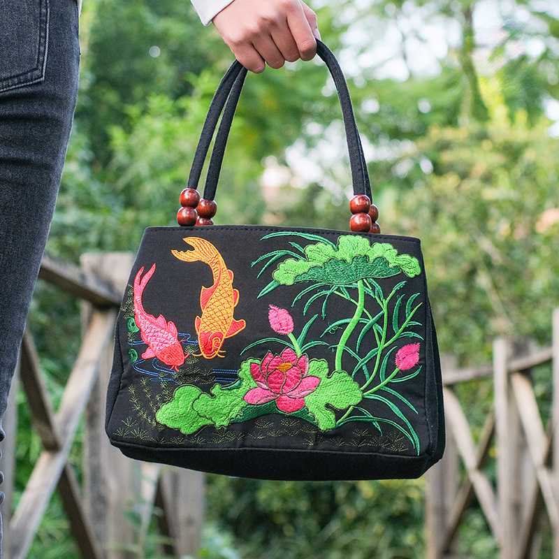 Ethnic Style Embroidered Bags For Women'S Handheld Embroidery With Two Zippers Canvas Leisure Bags
