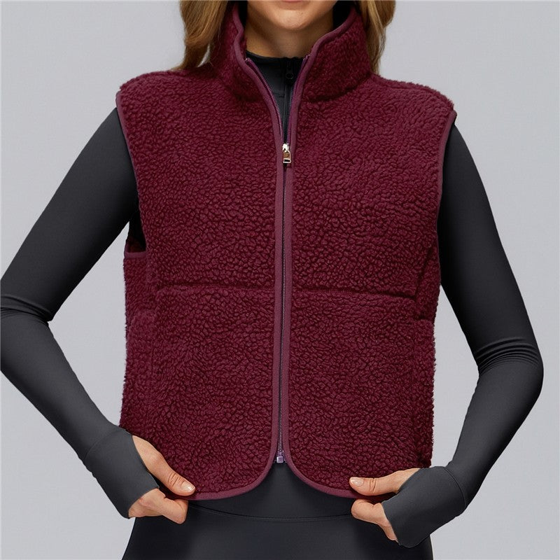 Solid Color Stand Collar Fleece Sports Vest