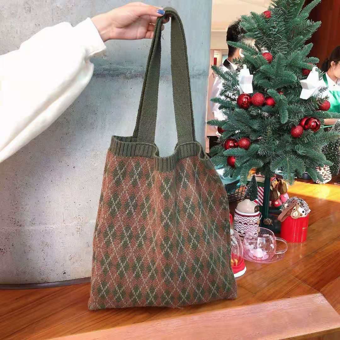 Crochet Tote Bag Vintage Diamond Woven Wool Bag