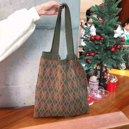 Crochet Tote Bag Vintage Diamond Woven Wool Bag