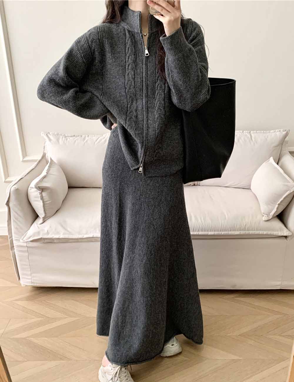2 Pcs Fall Zip-Up Cardigan Maxi Skirt Set