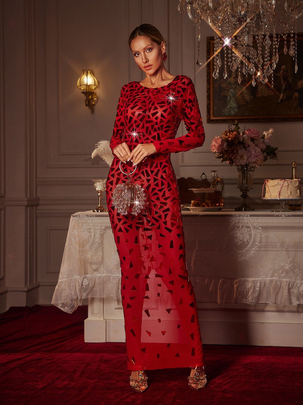 Guthrie Long Sleeve Acrylic Mesh Maxi Dress