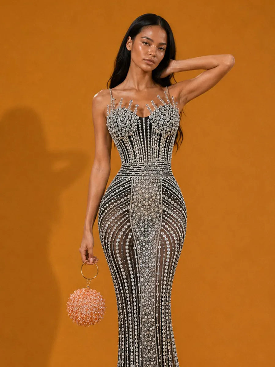 Jocelyn Elegant Strapless Sparkling Silver Rhinestones Maxi Dress In Black