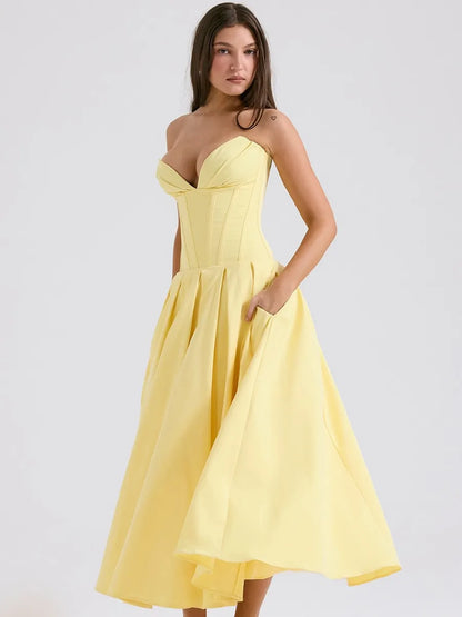 Ruby Off-Shoulder Corset Midi Dress In Yellow