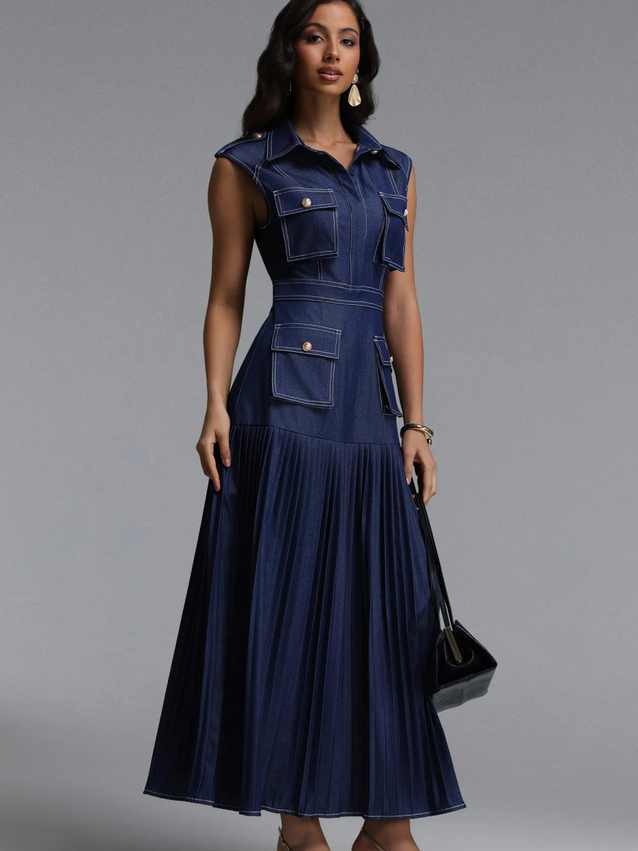 Brianna Denim Utility Pleated Midi Dress